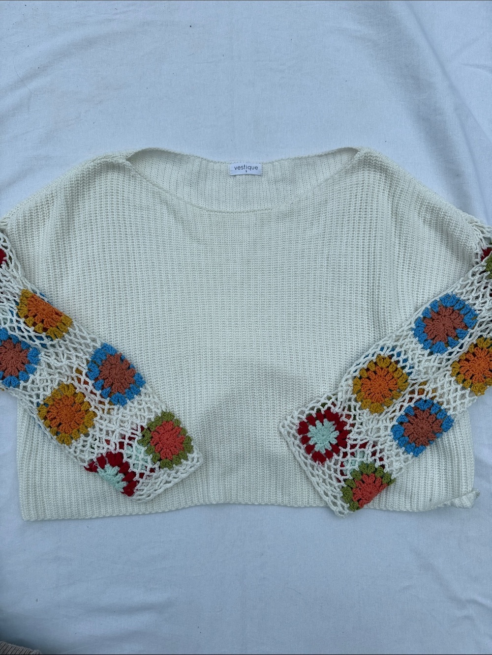 vestique Cream Cropped Sweater with Multicolor Crochet Sleeve Squares